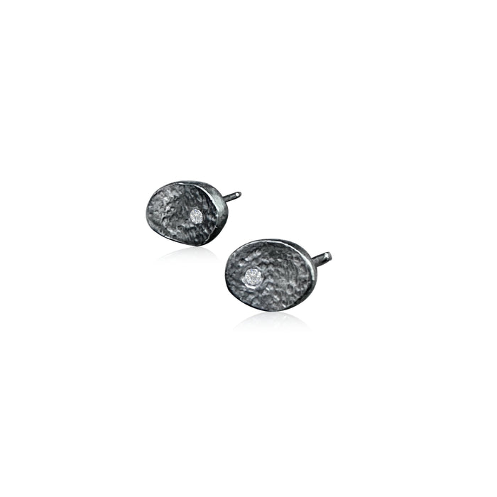 Nugget Darkened Sterling Silver Earrings + Diamond