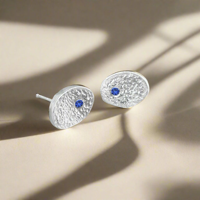 Nugget Sterling Silver Earrings + Blue Sapphire