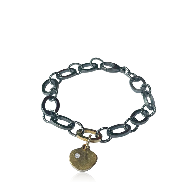 14K Gold + Darkened Sterling Silver Link Bracelet + Diamond Charm