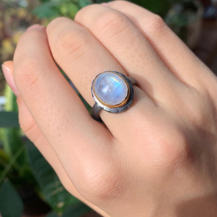 Rainbow Moonstone Cabochon, handcarved, handcrafted ring, 18K Gold & oxidised Sterling Silver