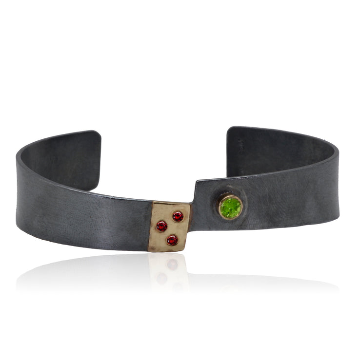 Cuff bangle 14K Gold and Patinated Sterling Silver Peridot and Garnet
