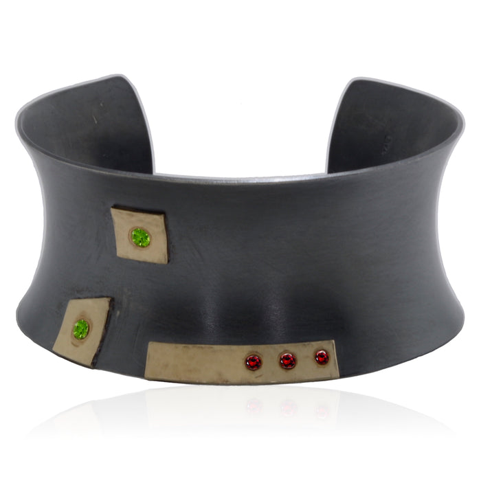 Cuff bracelet 14K Gold and Patinated Sterling Silver Peridot and Red Garnet Gemstones