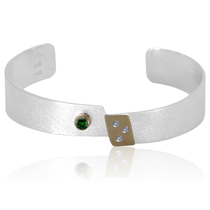 Cuff Bracelet 14K Gold, Sterling Silver, Diamonds, Tsavorite ethically sourced genuine gemstones