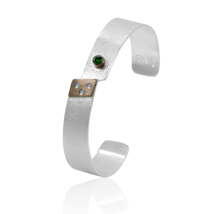 Cuff Bracelet 14K Gold, Sterling Silver, Diamonds, Tsavorite ethically sourced genuine gemstones