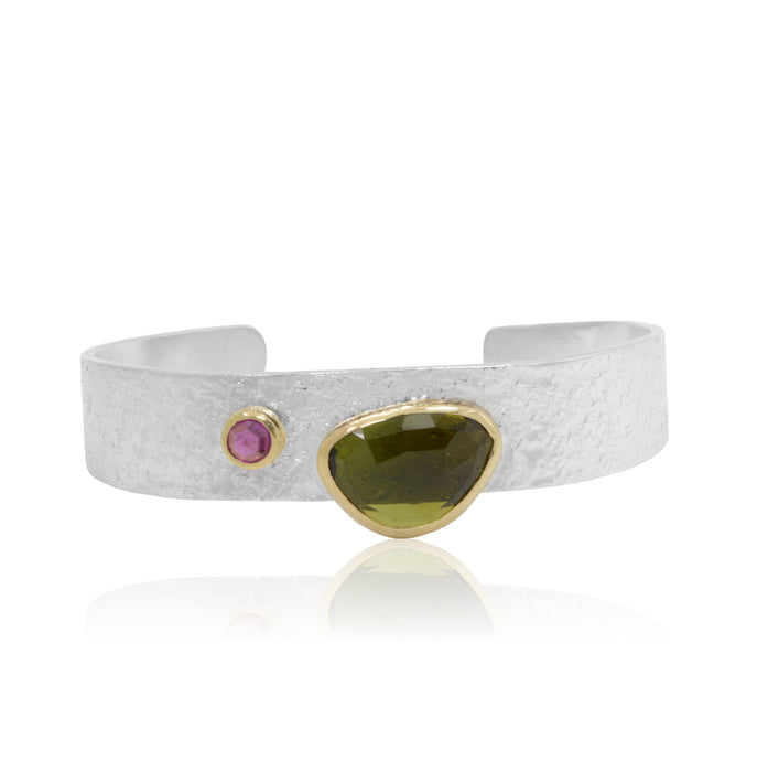 Handcrafted fine designer bangle Tourmaline and Rhodolite
