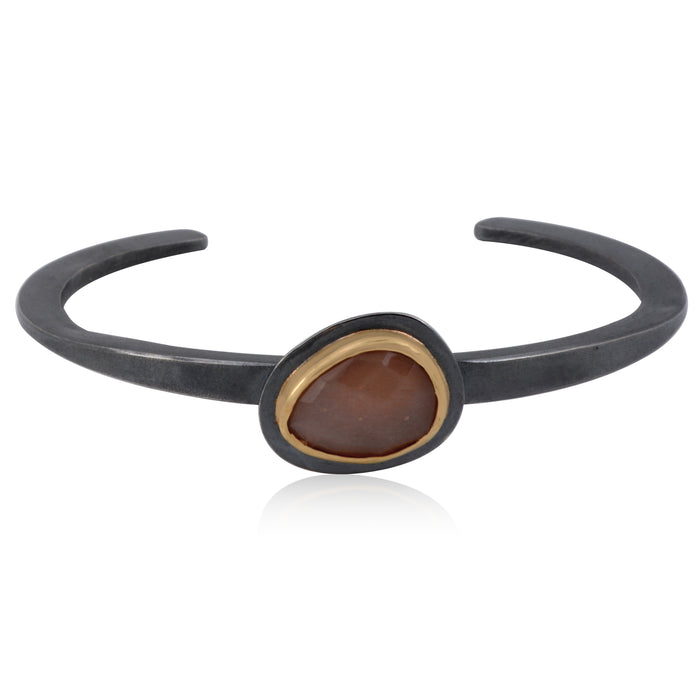 Forged Oxidized Sterling Silver cuff bracelet Peach Moonstone bezel set in 18K Gold