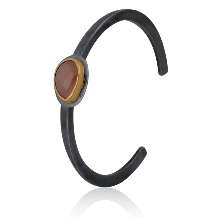 Forged Oxidized Sterling Silver cuff bracelet Peach Moonstone bezel set in 18K Gold