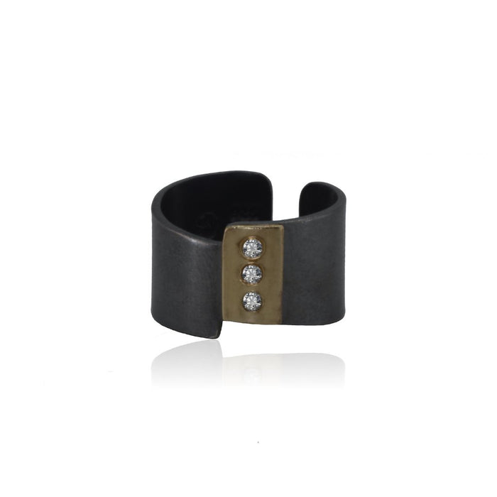 Diamond cuff ring 14K Gold and patinated Sterling Silver