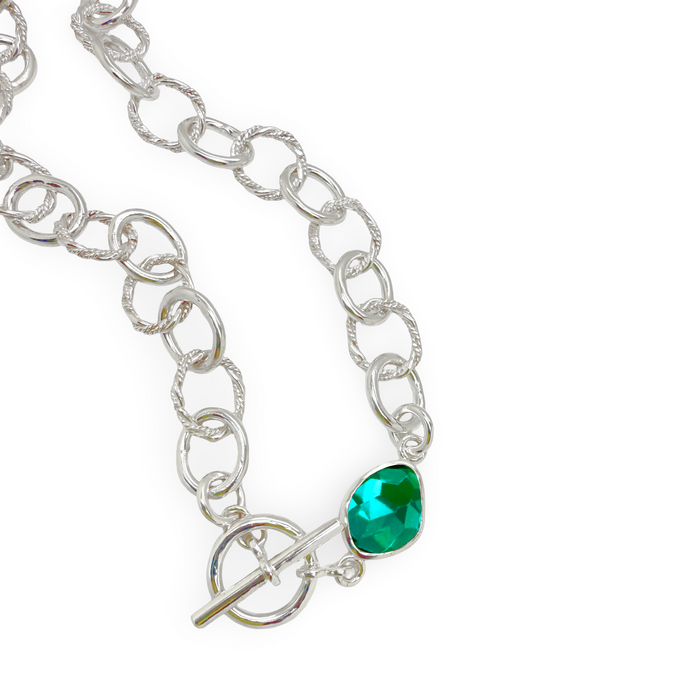 Sterling Silver Chunky Chainlink Necklace with Green Tourmaline Toggle Clasp