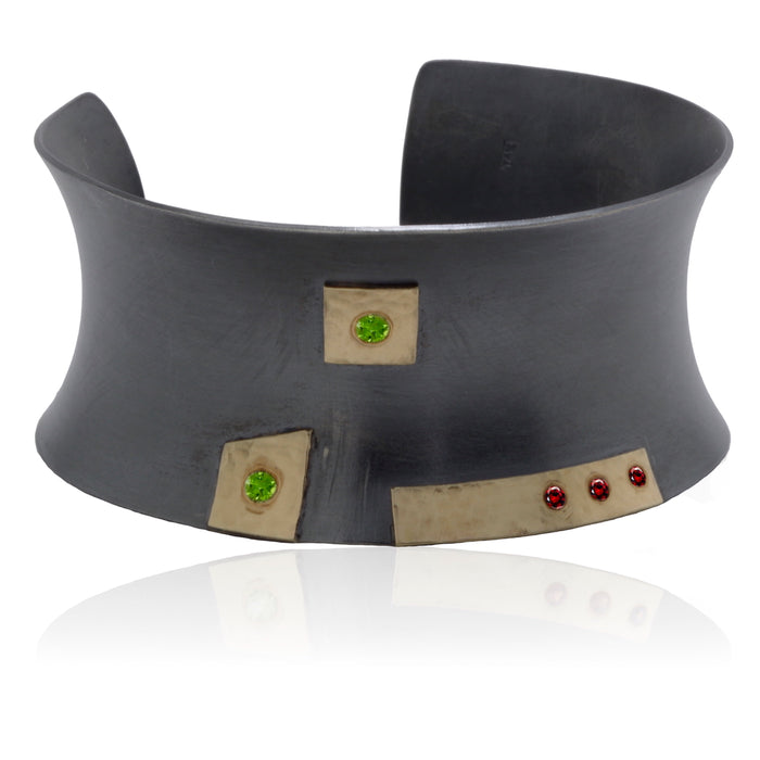 Cuff bracelet 14K Gold and Patinated Sterling Silver Peridot and Red Garnet Gemstones