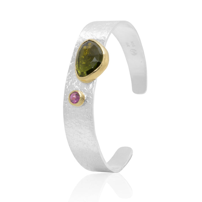 Tourmaline rosecut 18K Gold and Sterling Silver bangle