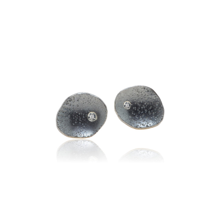Diamond Stud Earrings with patinated textured Sterling Silver