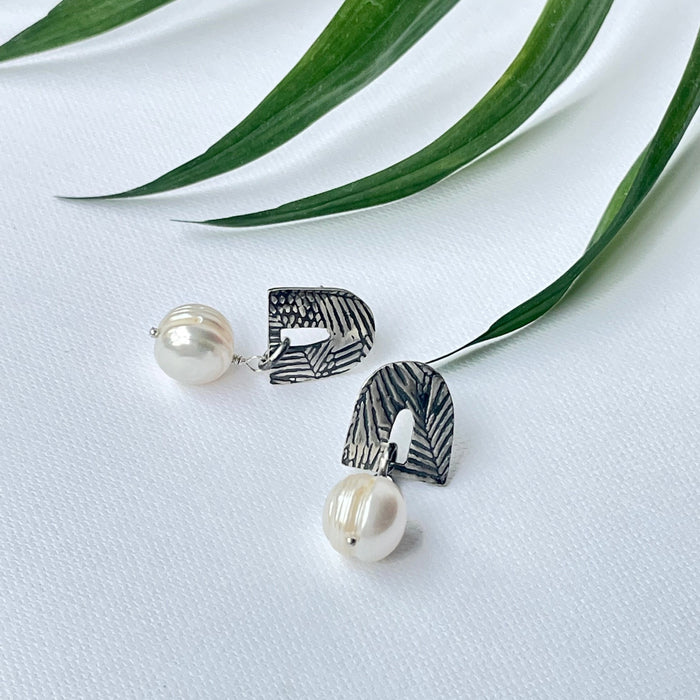 Pearl Earrings Palm Leaves Inspired