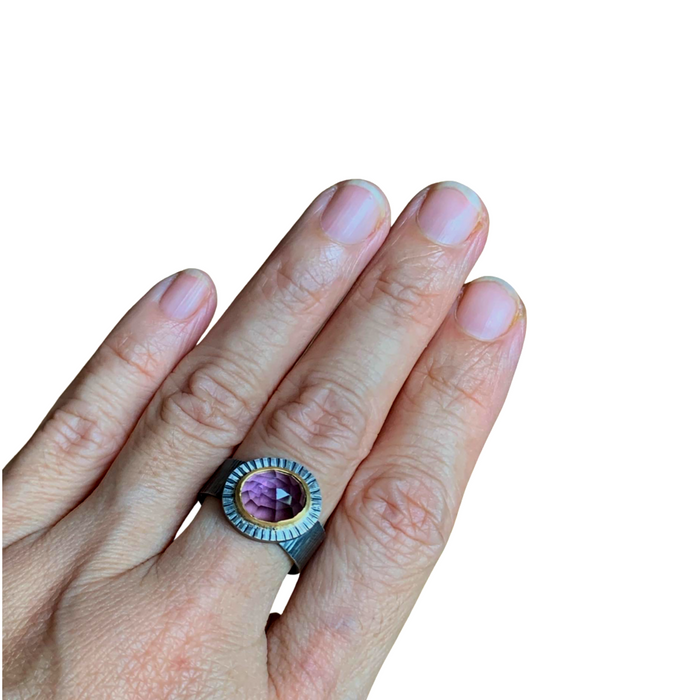 Amethyst oval rose-cut ring, textured wide band, 18K Gold & oxidised Sterling Silver